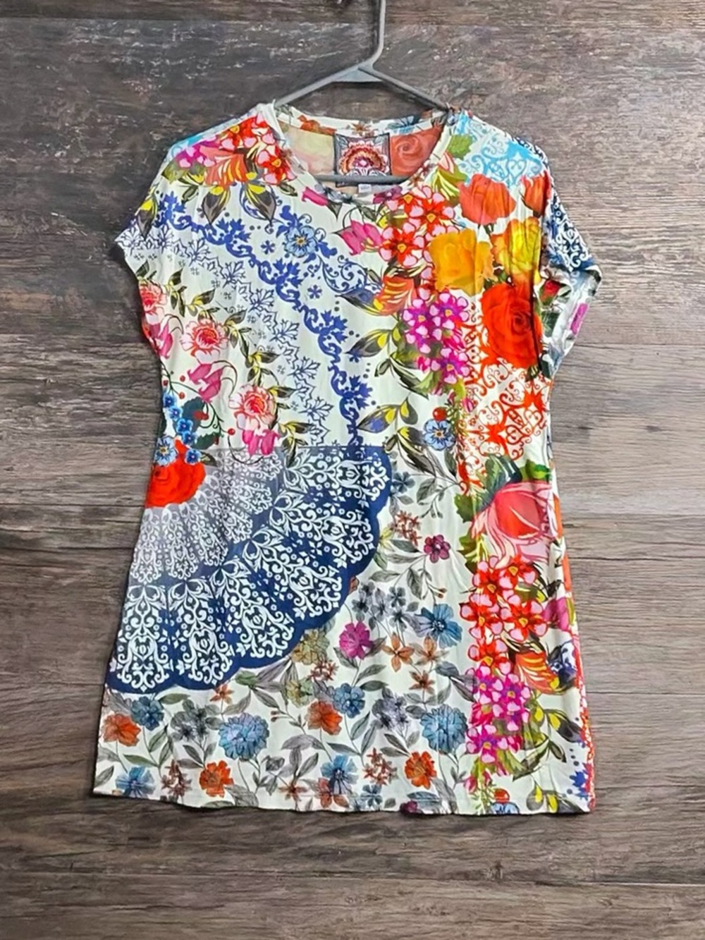 Johnny Was Vibrant Floral Patchwork Tee in Blue, Orange, Pink